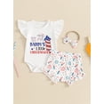 thumbnail image 5 of Yunliwuli Baby Girl 4th of July Outfit Letter Flying Sleeve Romper with Fireworks/Flag Pattern Shorts and Headband 3Pcs Outfit, 5 of 10