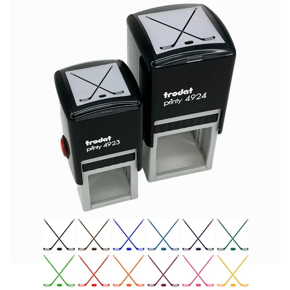 Crossed Hockey Sticks with Puck Self-Inking Rubber Stamp Ink Stamper - Black Ink - Small 1 Inch