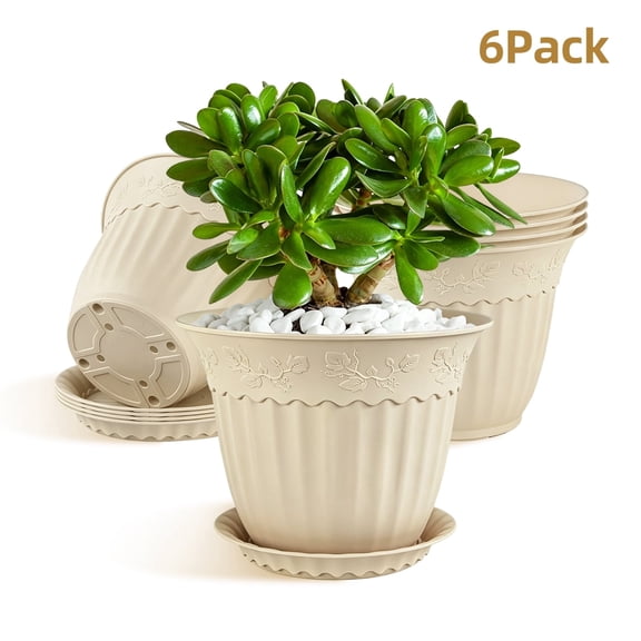 QCQHDU 6 Pack 6 Inch Beige Plastic Plant Pots, Vine Pattern with Drainage Holes & Saucers, Indoor Outdoor Flower Planters