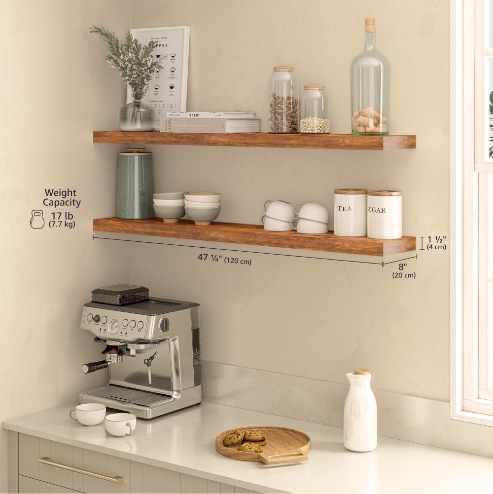 Ballucci 48" Floating Shelves, 2-Pack Wood Wall Shelf Set with Invisible Brackets, 8" Deep, Rustic Brown