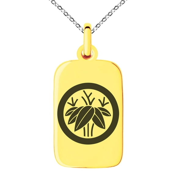 Stainless Steel Bamboo Kamon Crest Engraved Small Rectangle Dog Tag Charm Pendant Necklace