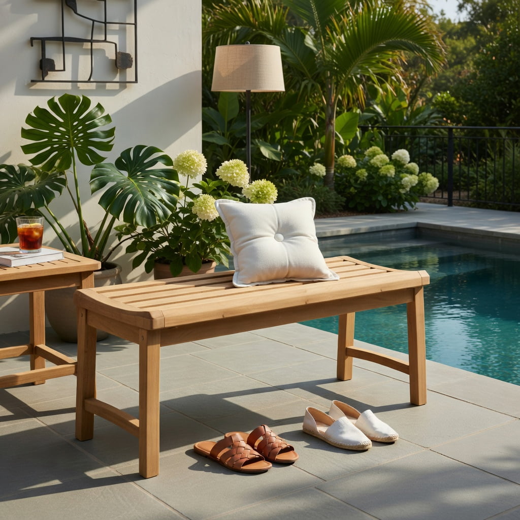 Hommoo Teak Wood Outdoor Backless Garden Bench, Contoured Slatted Seat, Easy 3-Step Assembly for Patio, Porch & Backyard, Natural