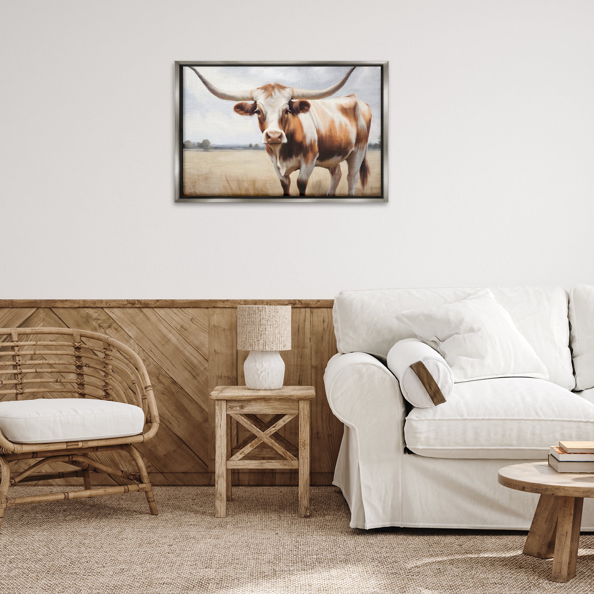 Stupell Industries Spotted Brown Longhorn Animals Painting Gray Floater Framed Canvas Art Print Wall Art, 31 x 21