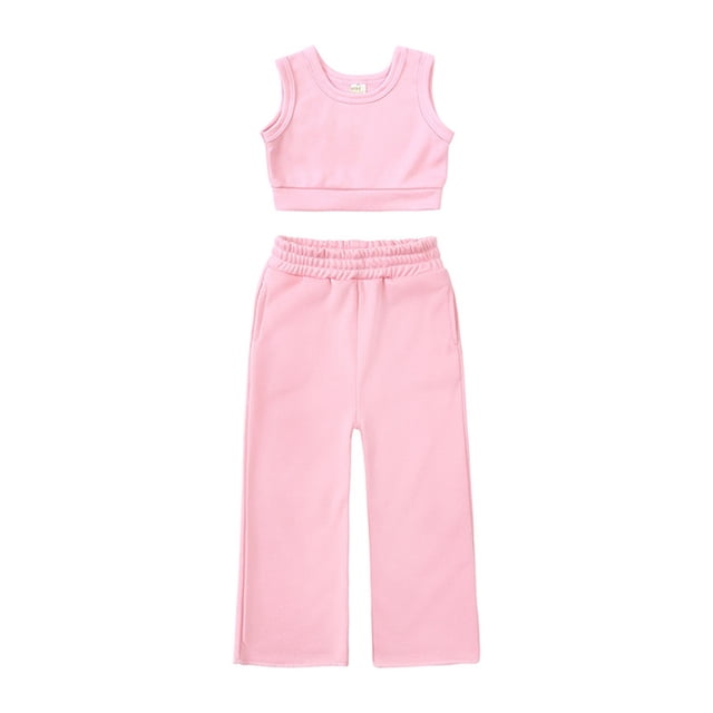 Zpanxa Ensembles d'Été pour Filles Enfants Couleur Unie Col Rond Sans Manches avec Taille Élastique et Ensemble Pantalon 3 Ans