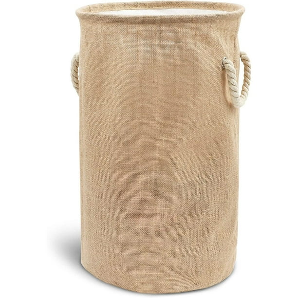 Large Collapsible Woven Jute Fabric Round Laundry Hamper, Tall