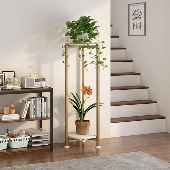 SUOERNUO Plant Stand Plant Stand Indoor Outdoor 2 Tier Tall Metal Corner Storage Tiered Plant Shelf Holder Multiple for Living Room Balcony Garden,Gold