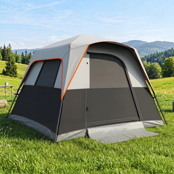 Outdoor Camping Tent, 6-Person Instant Cabin Tent with Blackout Pa-Coated Fabric, Rainfly, Mesh Windows, Carrying Bag, Grey