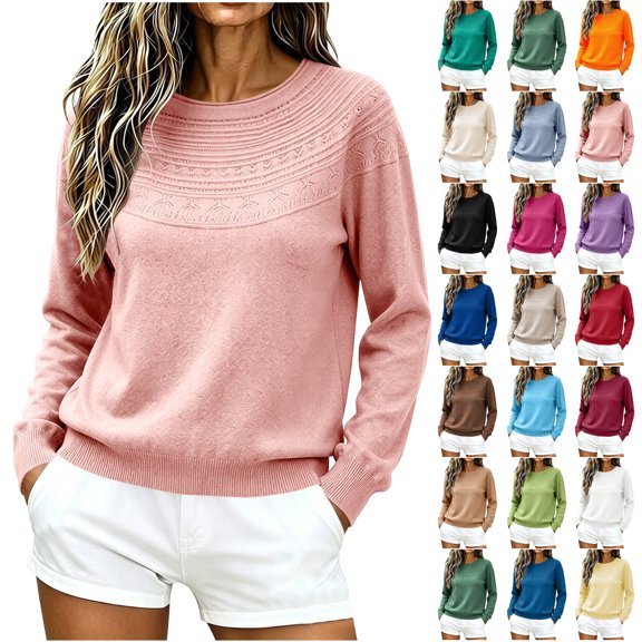 Otntypg Fall Knit Sweaters for Women Lightweight Thin Long Sleeve Basic Solid Color Hollow out Crewneck Cable Knit Pullover Jumper Tops Trendy Cozy Tunic Sweater for Daily Work Office & Travel