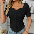 thumbnail image 7 of JGGSPWM Women's Sweetheart Neck Drawstring Ruched Short Sleeve Asymmetrical Hem Knit Tunic Slim Fit Curve Crop Tops Pullover Shirts Black L, 7 of 7