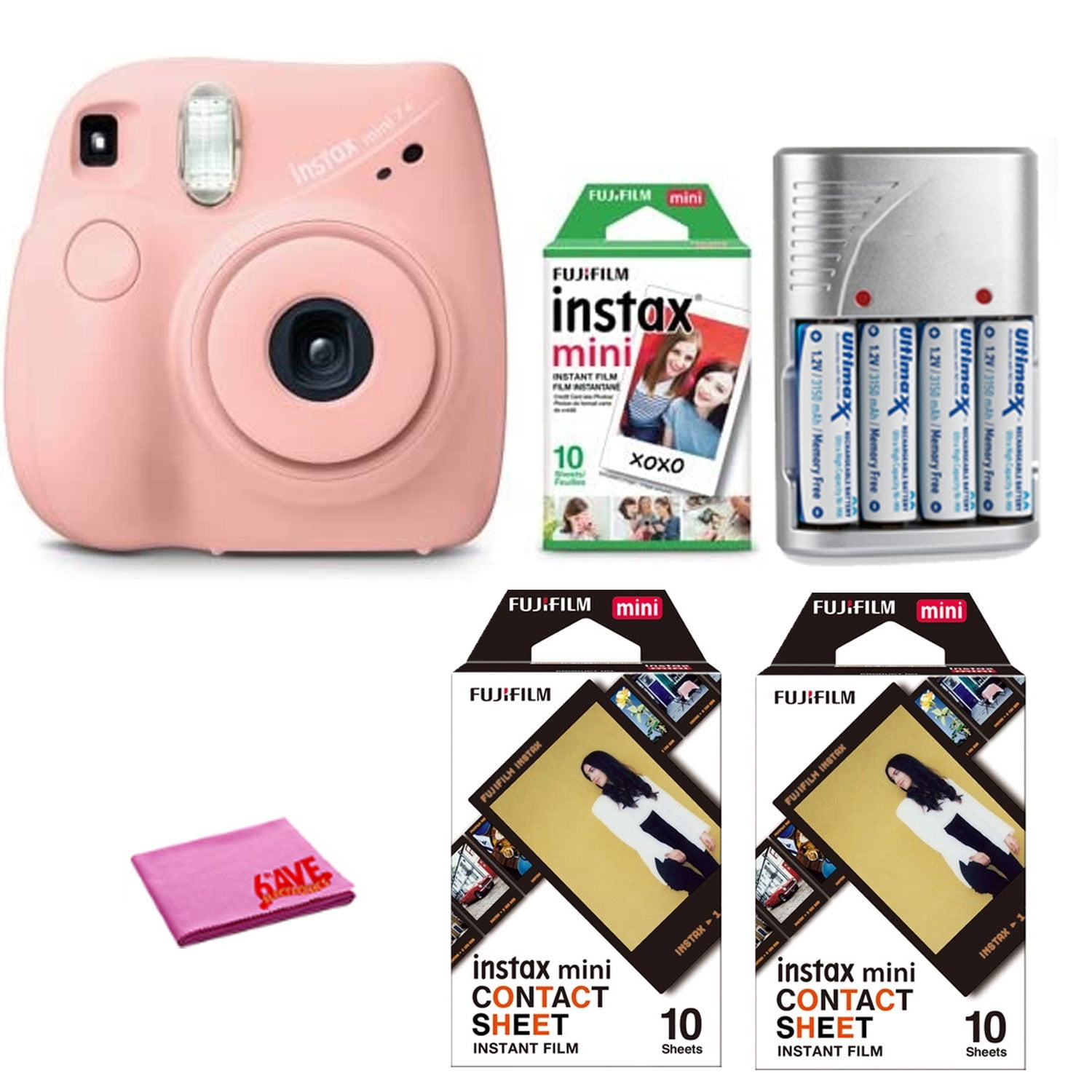FujiFilm Instax Mini 7+ Instant Camera, Pink Bundle + (10 Film Pack