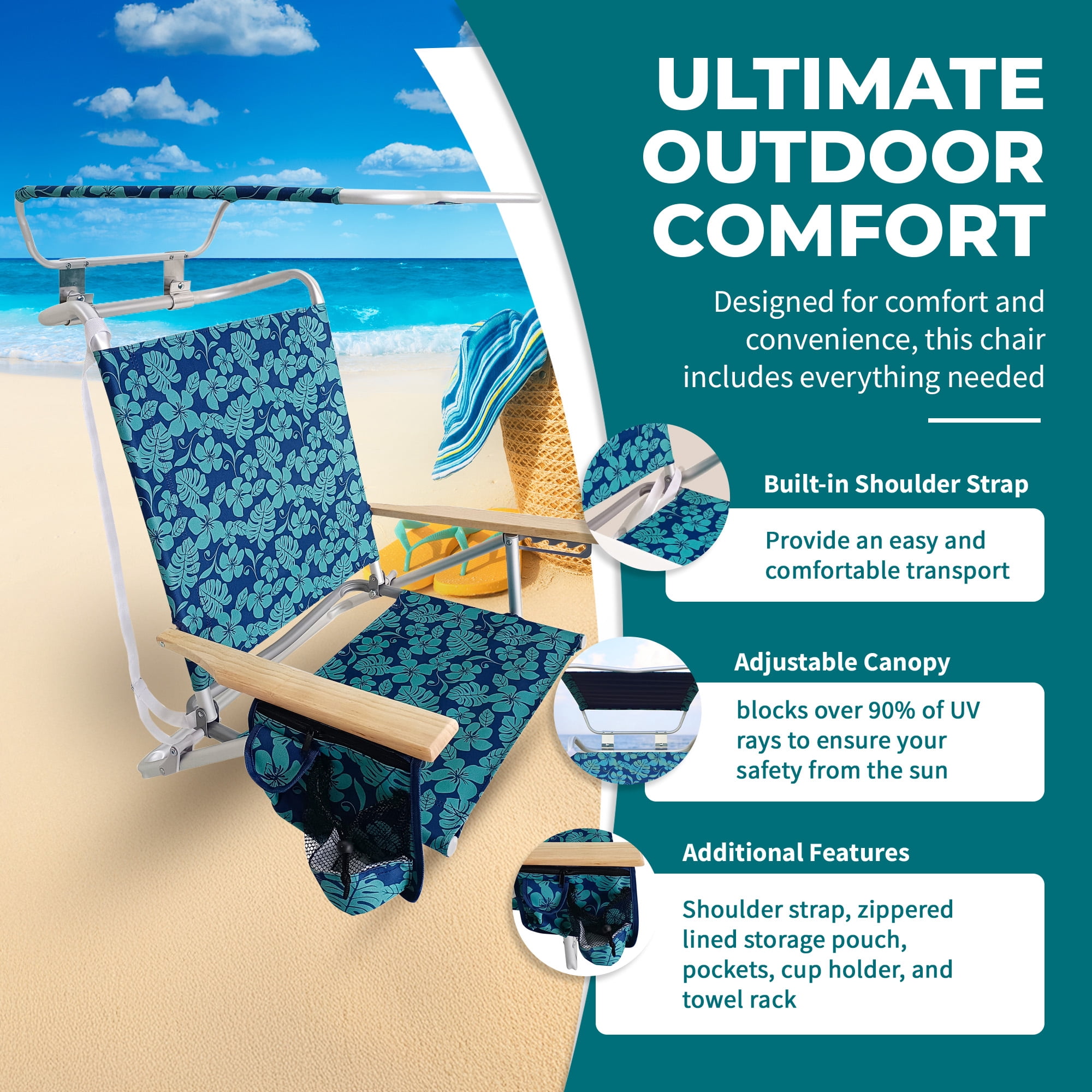 Bliss Hammocks, Folding Beach Chair, Canopy, 275 lb. Capacity