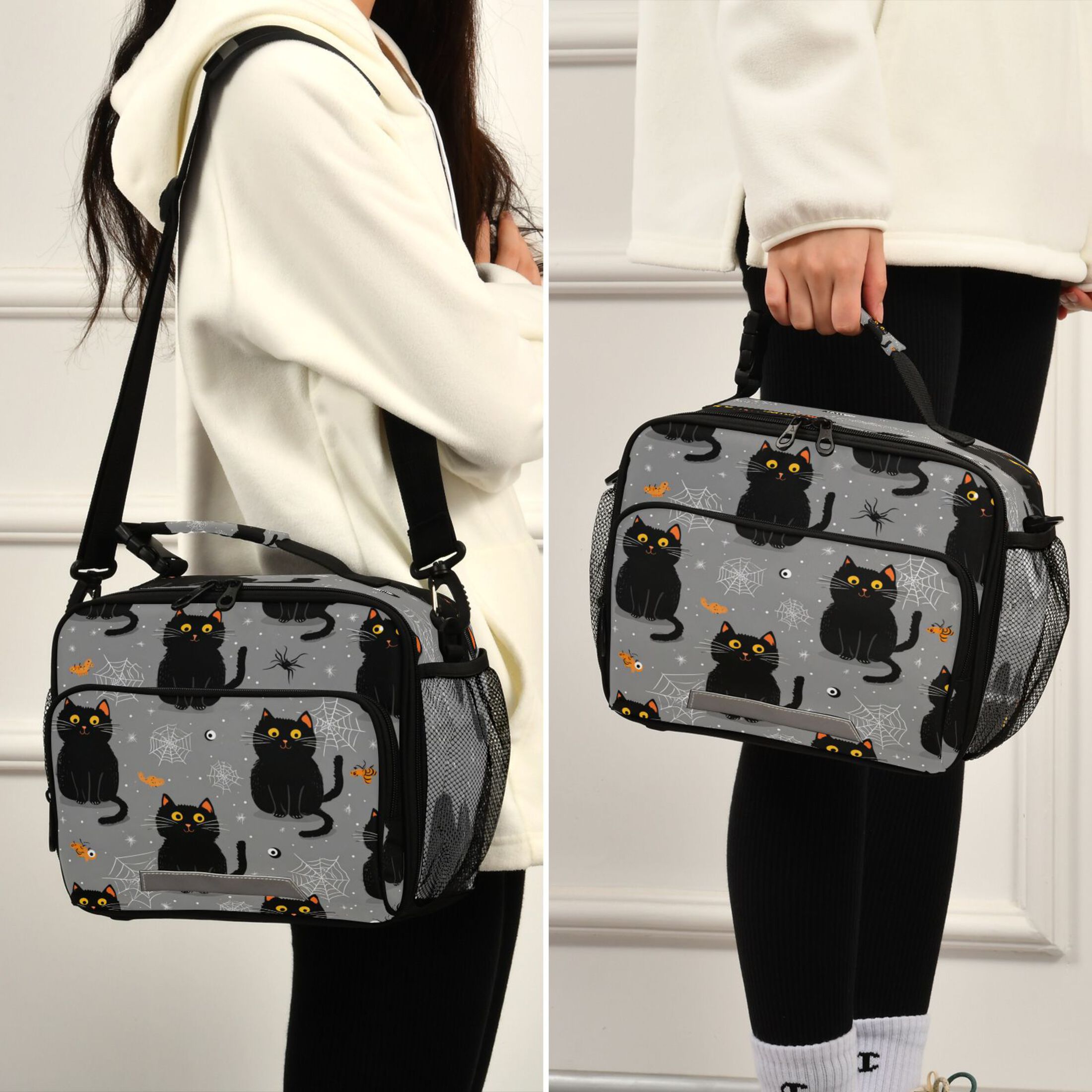 Insulated Lunch Bag 6L Leak-Proof Lunch Box with Shoulder Strap Multiple Pockets Lunch Tote Black Cat and Spider Web