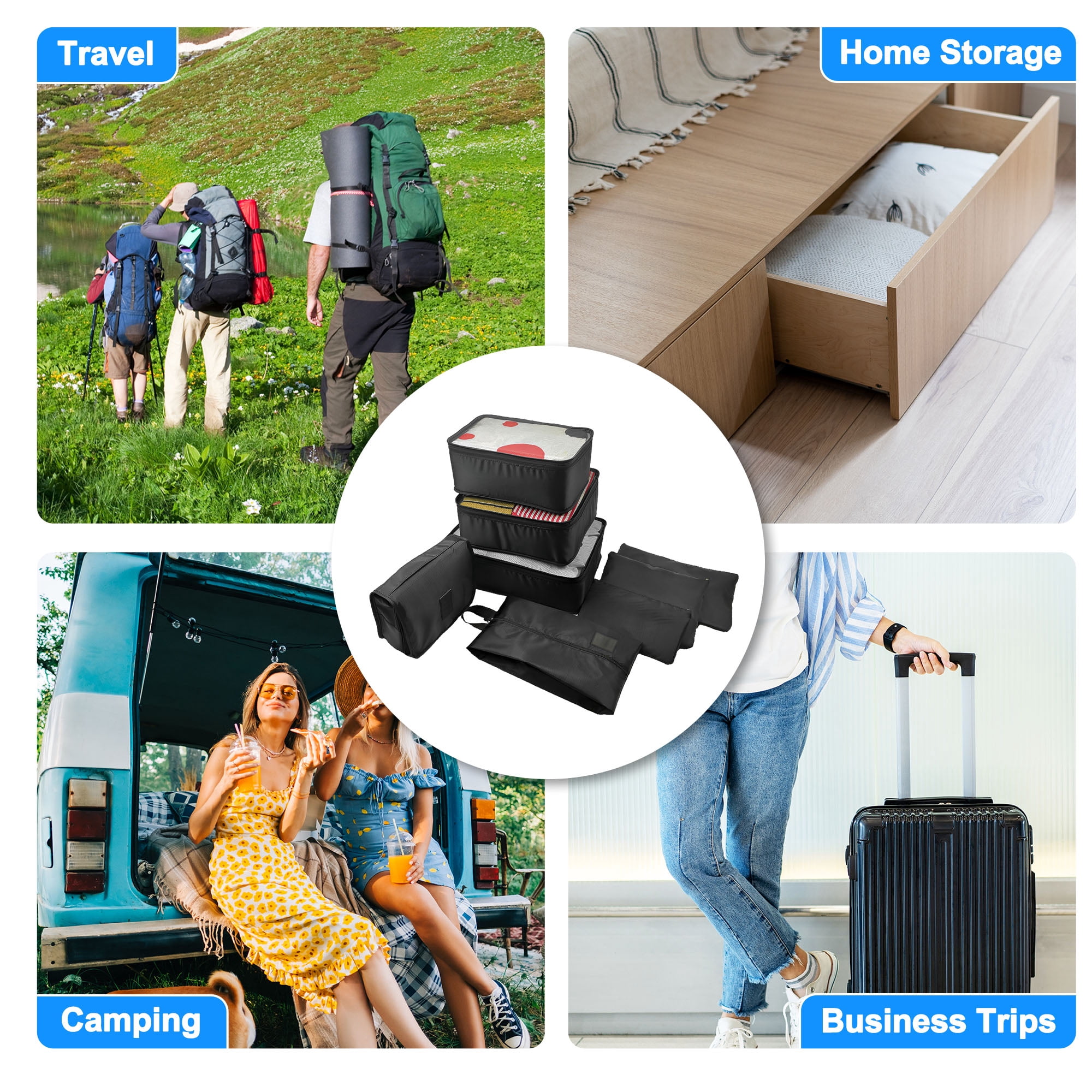 Unique Bargains 8 Pcs Zipper Design Packing Cube Set for Luggage Black