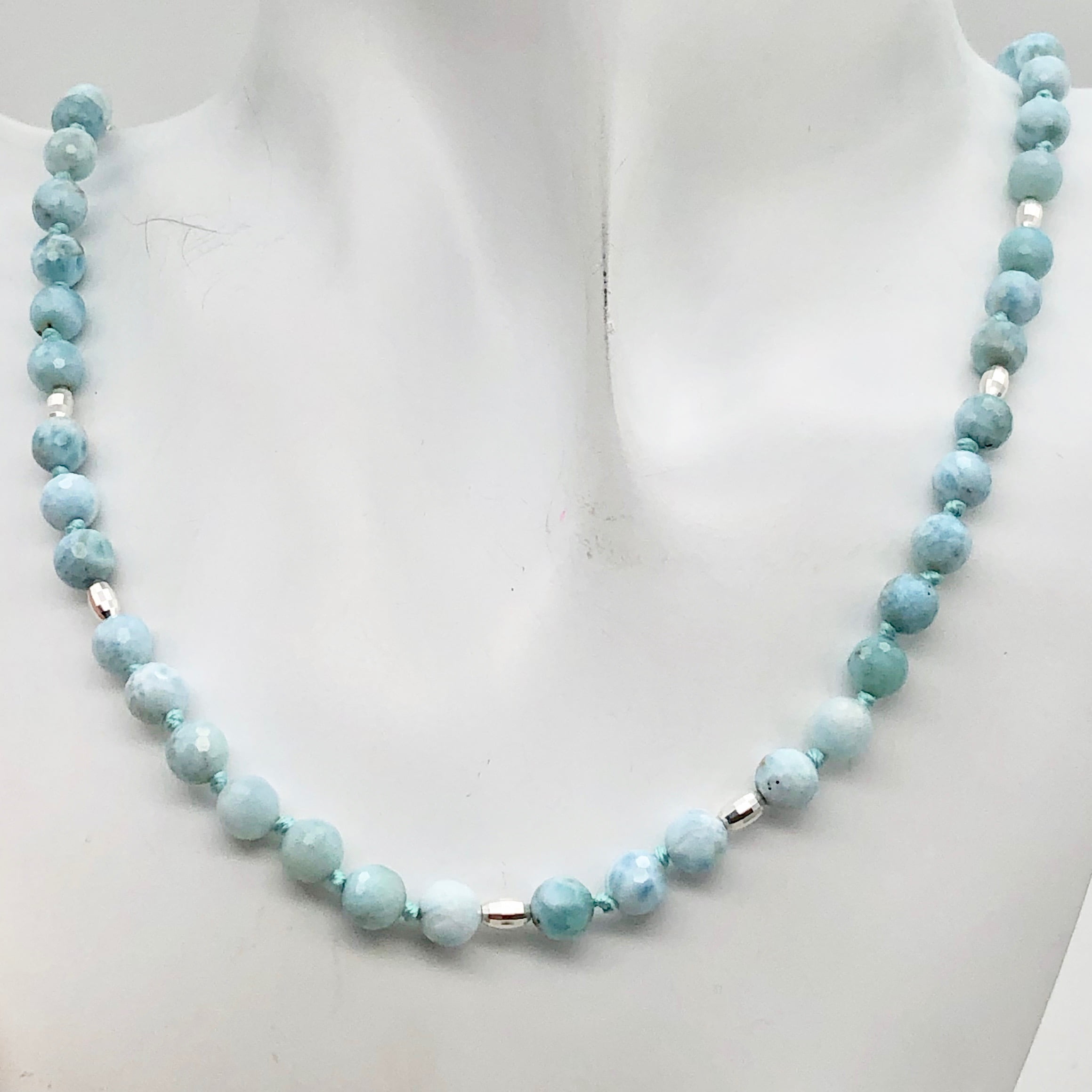 Larimar Faceted Round Bead Sterling Silver Necklace 21" Long Blue