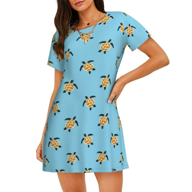 Daiia Chemise de Nuit Femme Imprimé Tortue de Mer Douce Manches Courtes Robe de Nuit Manches Courtes