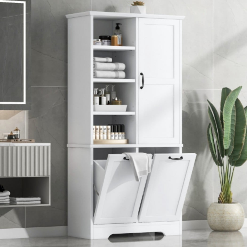 Bathroom Storage Cabinet with Doors and Drawers, Tall Laundry Hamper Cabinet with 2 Tilt-Out Baskets, Adjustable Shelves, Open Storage, White