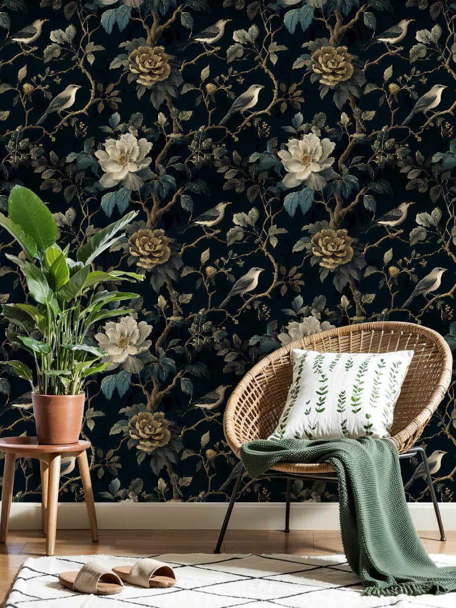 Boho Peel and Stick Wallpaper Elegant Birds Vintage Floral Dark Botanical Wall Mural 23.6in x 9.8ft Self Adhesive Removable Wall Paper Renter Friendly Wallpaper for Nursery Bedroom Cabinets