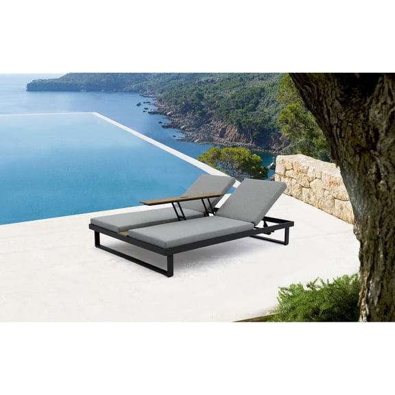 Whiteline Modern Living Sandy Double Lounge Chair with Middle Table in Grey, Waterproof Fabric