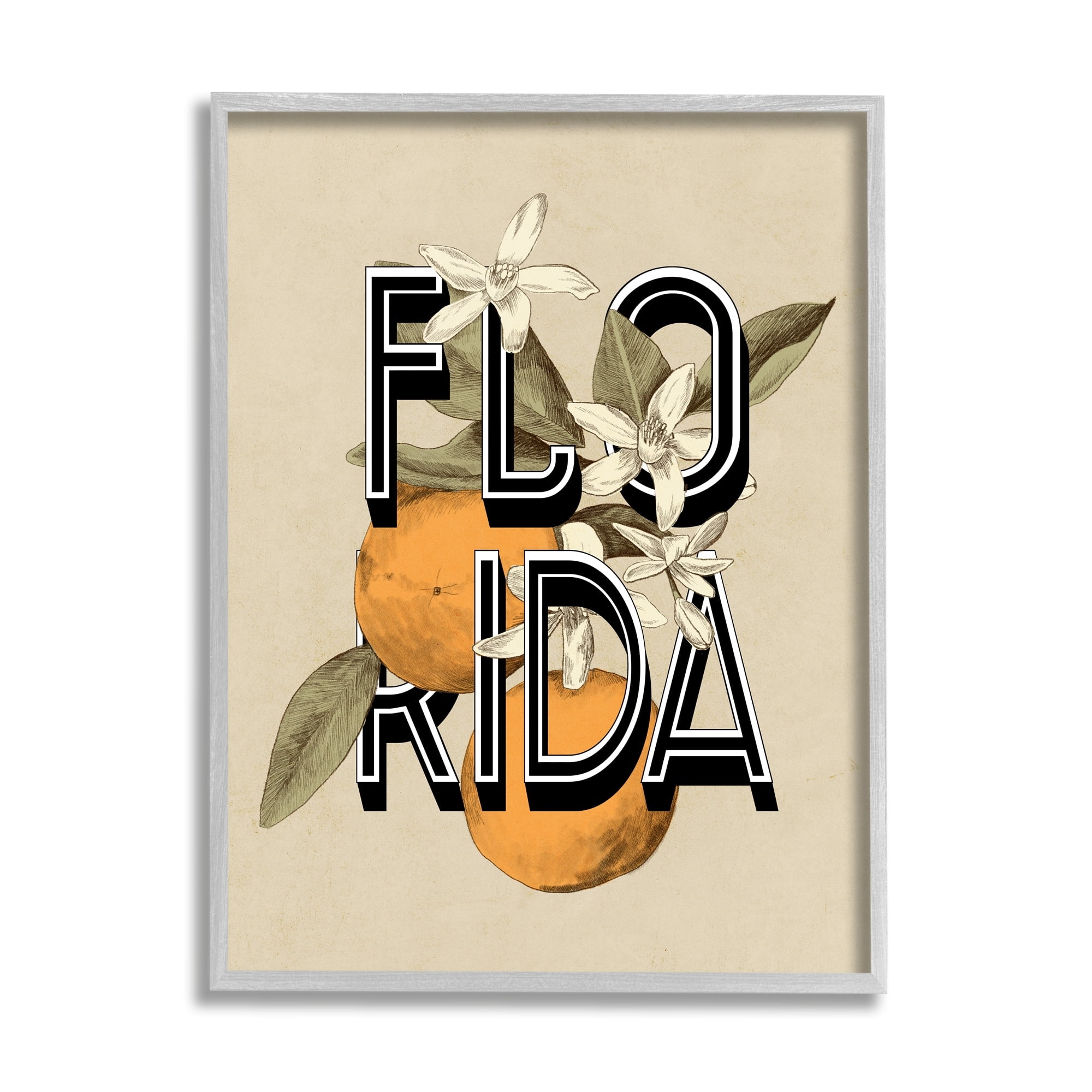 Stupell Industries Florida Orange Blossoms State Flower Typography Graphic Art Gray Framed Art Print Wall Art, Design by Daphne Polselli