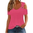 thumbnail image 2 of HOMBOM Cutout Shirts for Women Fall 2025 Hot Pink Short Sleeve Off The Shoulder Solid Crew Neck Shirts M, 2 of 7