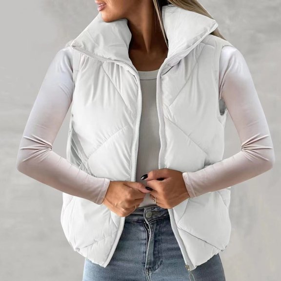 Miluxas Womens Vests Bubble Jackets Clearance Sleeveless Puffy Long Coats Outerwear Quilted Winter Plus Size Clothes Pocket White 10(XL)