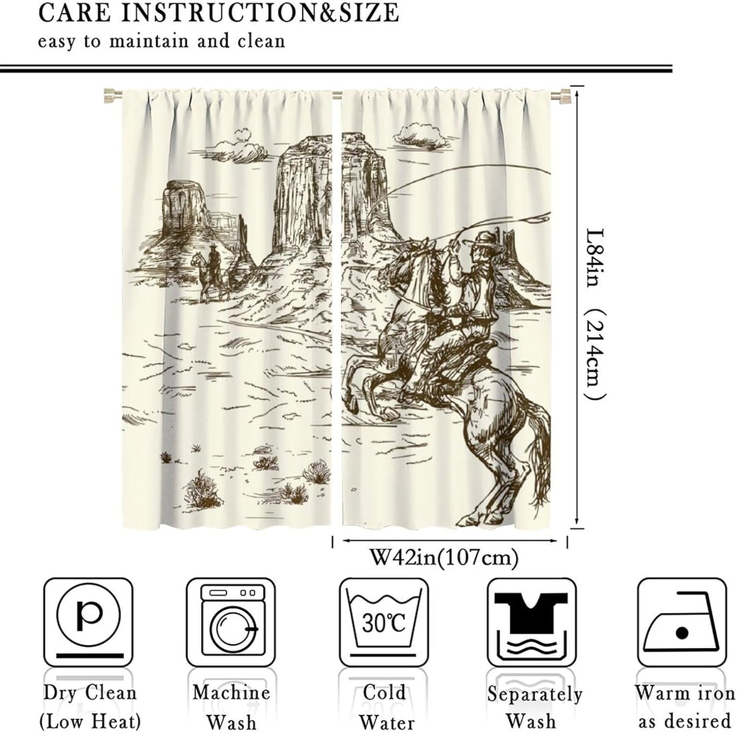 Vintage American Wilderness Western Cowboy Blackout Curtains for Bedroom,Sketch Style Western Cowboy Cacti Room Darkening Window Curtains with Rod Pocket - 2 Panels 84" L x 42" W