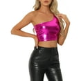 thumbnail image 4 of Metallic Crop Top for Women's One Shoulder Halloween Day Party Clubwear Shiny Holographic Tank Tops XL Hot Pink, 4 of 6