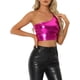 thumbnail image 4 of Top corto metálico para mujer de un solo hombro, ropa de fiesta de Halloween, club, camisetas brillantes holográficas, M rosa intenso, 4 of 6