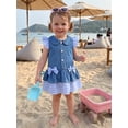 thumbnail image 4 of RUINIXCW Toddler Girls Denim Dress Plaid/Cow Pattern Patchwork Buttons Bowknot Decor Doll Collar Fly Sleeve Casual Dress Jeans Dress, 4 of 8