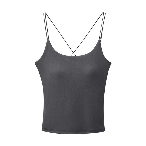 Débardeur à Bretelles Spaghetti pour Femmes avec Soutien-Gorge Intégré Sans Couture Rembourré Dos Croisé Aguichant Crop Top de Yoga (X-Grand, Gris)