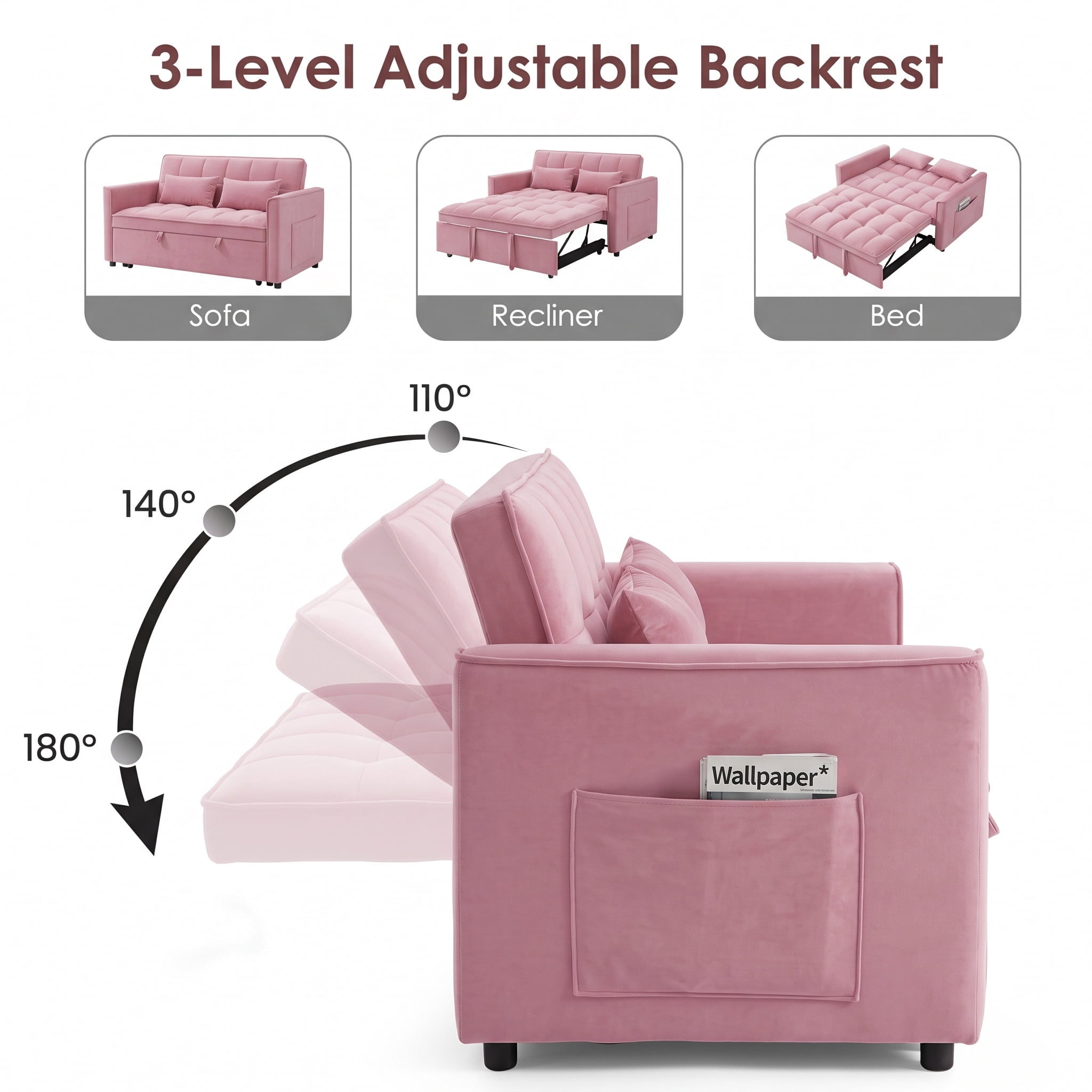 avobird 3 in 1 Convertible Sleeper Futon Sofa Bed, 55" Pull Out Sofa Bed with Storage Pocket/Side Pocket/2 Pillows for Living Room, Pink
