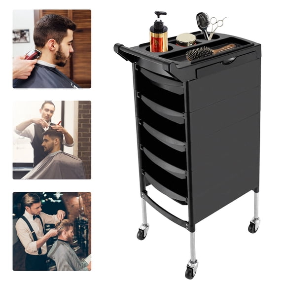 Miumaeov 5 Drawers Salon Trolley Cart Hair Storage Organizer Portable Barber Station w/5 Drawers and 2 Hair Dryer Holder Side Tray