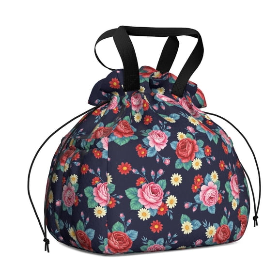Pioneer Flower Floral Print Pattern Drawstring Lunch Bag Women - Drawstring Lunch Bag Insulated for Work Office - Stain-Resistant Large Lunchbags for Women with Multi-Pockets