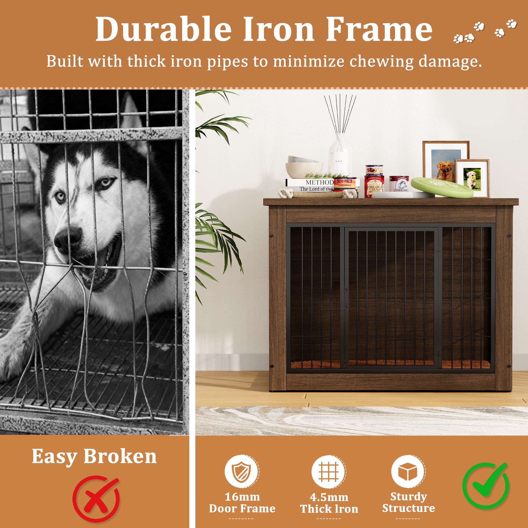 Furmax Heavy-Duty Wooden Dog Crate 2-Door Furniture Style Kennel with Chew-Proof Design & Removable Cushion, End Table for Small, Medium, Large Dogs