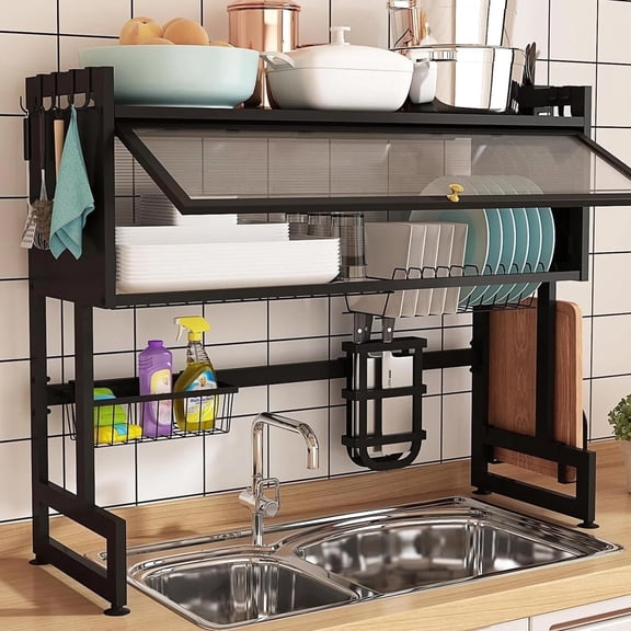 Dish Drying Rack, Large Over The Sink Dish Drainer Drying Rack (33.5" Length), Large Capacity Stainless Steel Dish Rack, Multifunctional Kitchen Organizers and Storage Rack, Black