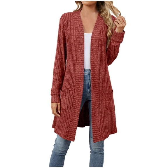 Women's Long Cardigan Solid Color Long Sleeve Loose Fit Open Front with Pockets Casual Outerwear Jacket for Fall Winter