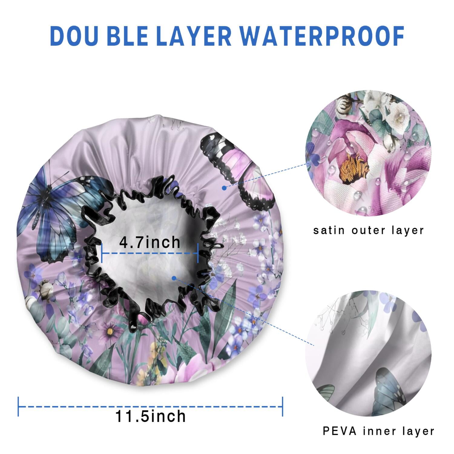 Shower Caps,Purple Butterfly Flower Butterfly Pattern Waterproof Shower Cap for Women 4 Pieces,Double Reusable Hair Cover for Shower PEVA Elastic Stretch Hem
