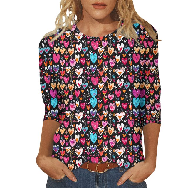 Penkiiy Chemises de la Saint-Valentin pour Femmes Manches 3/4 Col Rond Blouses Décontractées Imprimé Mignon Tuniques Tops 2025 4TG Multicolore