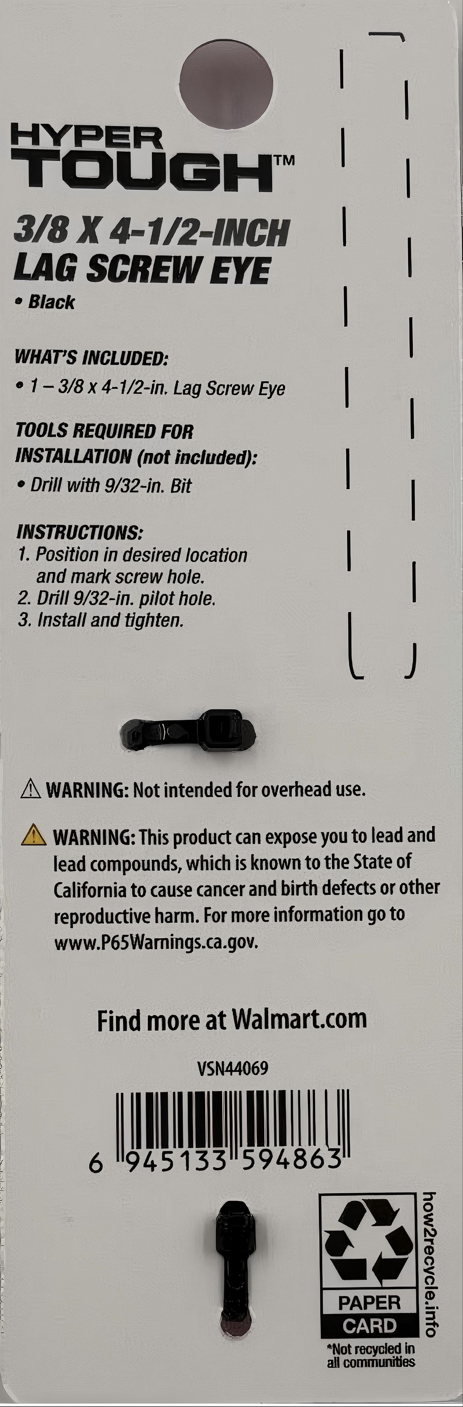 Hyper Tough Steel Lag Screw Eye 3/8 inch x 4-1/2 inch Black