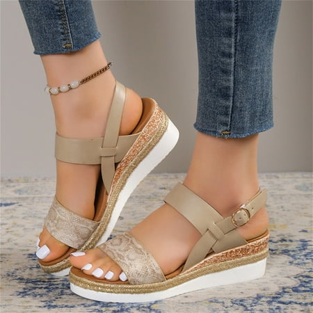 

Summer Saving Clearance! Tuobarr Women s Wedge Sandals Thick Sole Sloping Heel Women s Shoes Peep-Toe Buckle One Line Casual Sandals Khaki US Size 8.5