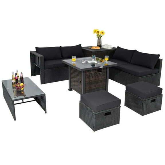 GVN Outdoor Furniture Sets, Outdoor Conversation Set,9 Pieces Patio Furniture Set with 32” Fire Pit Table and 50000 BTU Square Propane Fire Pit-Black
