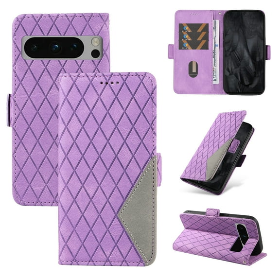 ELEHOLD for Google Pixel 7 Pro Magnetic Splicing Cover, Shockproof Premium Vintage PU Leather RFID Blocking Card Slots Protective Slim Fit Folio Stand with Wrist Strap Phone Case, purple