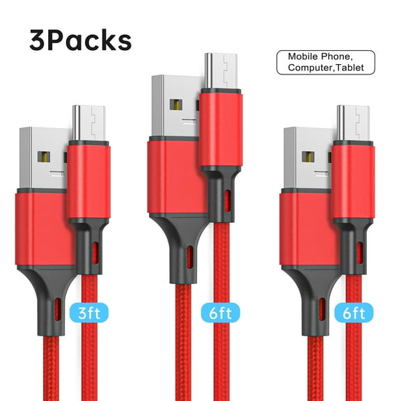 Cshidworld USB C Cable 2.4A Braided Charging Cable, 3Pack 3/6/6 FT , Premium Nylon Cables, Fast Charging,Compatible with iPhone 15 Samsung Galaxy Note 10/10  Plus/9/8, S20 S10 S9 S8 Plus,Red