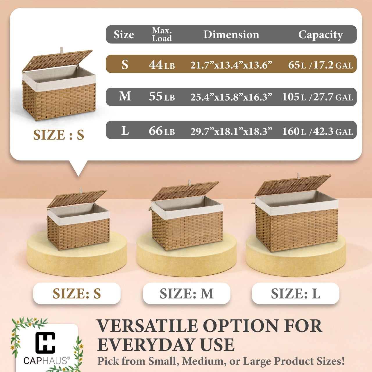 CAPHAUS Handwoven Storage Basket w/ Lid and Handles, 2 Removable Liner Bags, Foldable Clothes Hamper for Laundry, Large Synthetic Rattan Laundry Hamper w/ Lid, Laundry Basket w/ Lid, 65L, Natural
