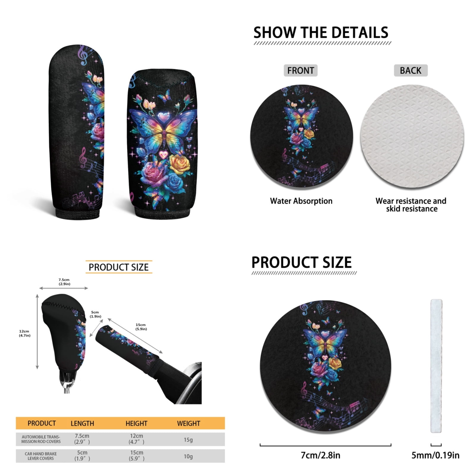 Yuyamidu Colorful Car Seat Cover Full Set of 15 Butterfly Rose Auto Carpet Mats Steering Wheel Cover Seat Belt Covers Car Handbrake Cover Set Coasters