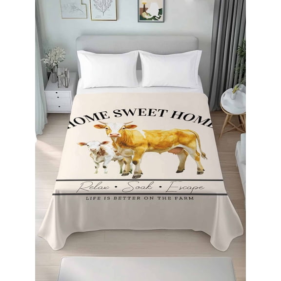 Farmhouse Cow California King Size Flat Sheet, Wrinkleproof & Fadeproof Cooling Flat Bed Sheet Only, Vintage Animal Life Better Abstract Text Breathable Soft Bedding Top Sheets 108 x 98 Inches