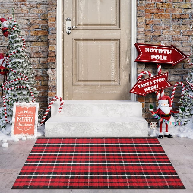 Felpudo navideño KIMODE, color rojo y negro, diseño de búfalo, 70 x 110 cm