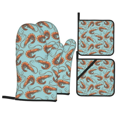 

Oven Mitts and Pot Holders Sets 4 pcs Shrimp No.9066 Non-Slip Oven Gloves Potholders Soft Quilted Lining Heat Resistant Gloves Hot Pads for Kitchen Cooking Baking