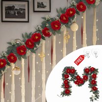 KOYPTL Artificial Flower Garland Christmas Decorations 6FT Realistic Greenery Vines Garlands with Roses,Fake Eucalyptus Garland for Wedding Party Centerpiece Table Wall Indoor Outdoor Home Decor