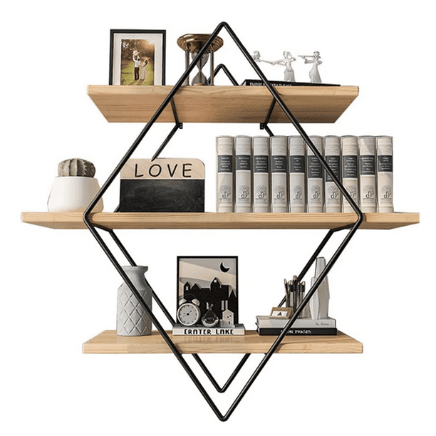 Floating Shelves 3 Tier Round Rhombus Wall Wood And Metal Hanging Shelf Rustic Farmhouse Decor 23 6 X 7 5 Com - Wood And Metal Wall Organizer Rustic Farmhouse